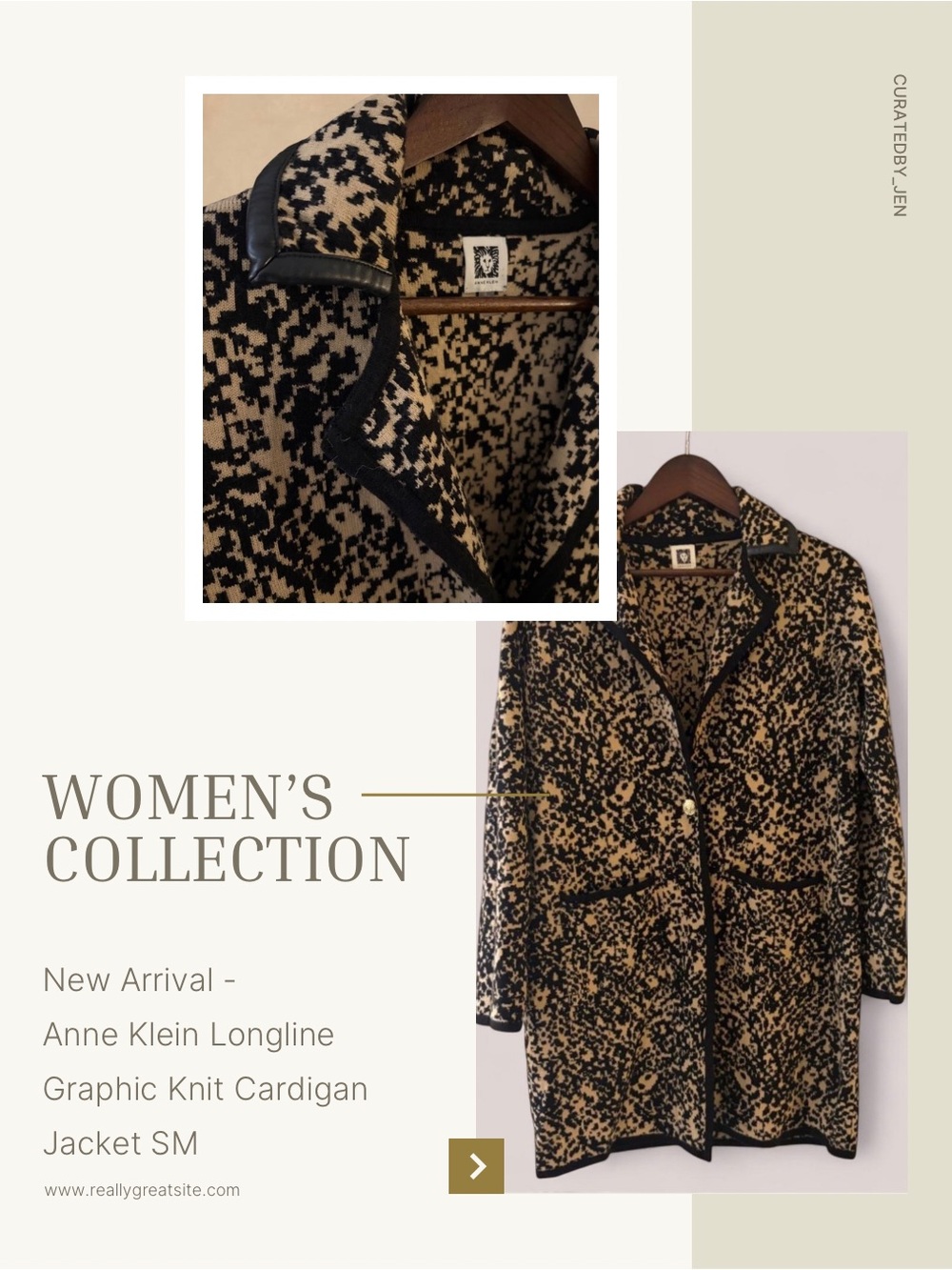 Anne Klein Black & Tan Printed Longline Knit Cardigan